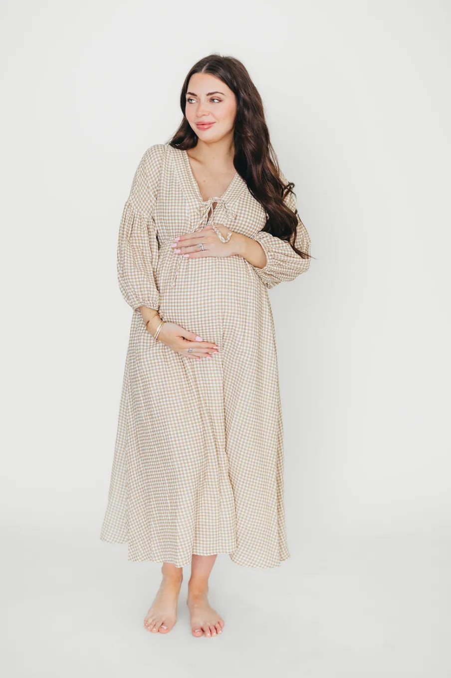 Hot Worth Collective Hunter Printed Gauze Midi Dress in Natural Plaid - Bump Friendly