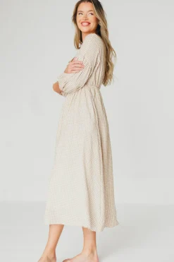 Hot Worth Collective Hunter Printed Gauze Midi Dress in Natural Plaid - Bump Friendly