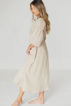 Hot Worth Collective Hunter Printed Gauze Midi Dress in Natural Plaid - Bump Friendly