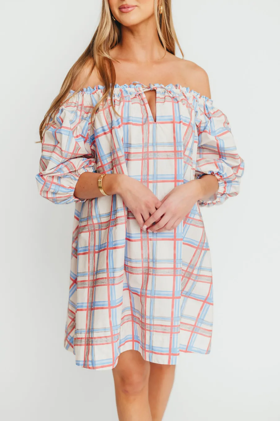 Discount Worth Collective Inaya 100% Cotton Puff Sleeve Babydoll Mini Dress in Blue Multi
