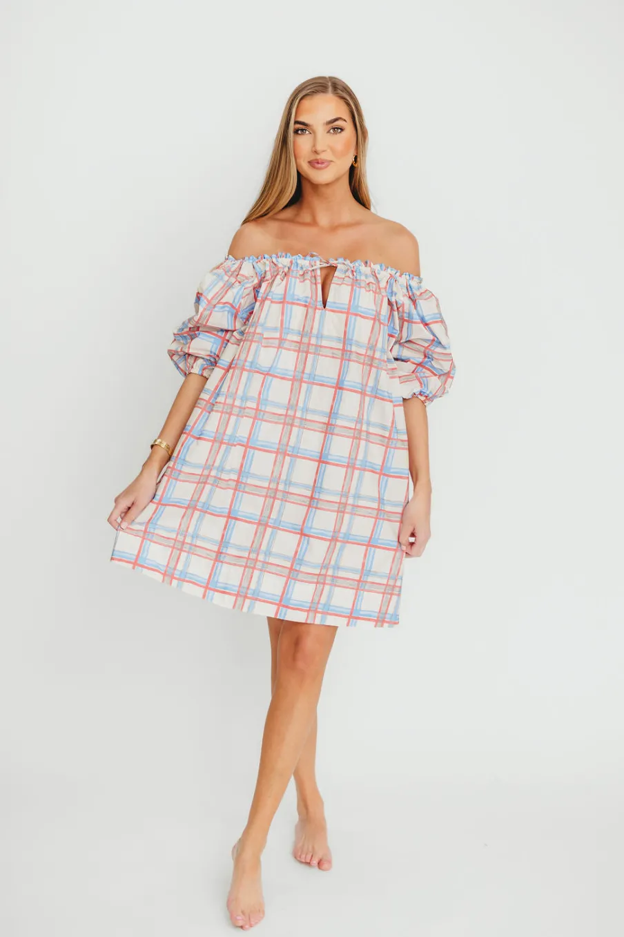 Discount Worth Collective Inaya 100% Cotton Puff Sleeve Babydoll Mini Dress in Blue Multi