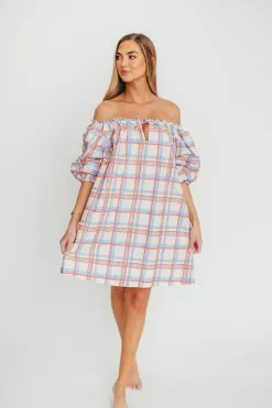 Discount Worth Collective Inaya 100% Cotton Puff Sleeve Babydoll Mini Dress in Blue Multi