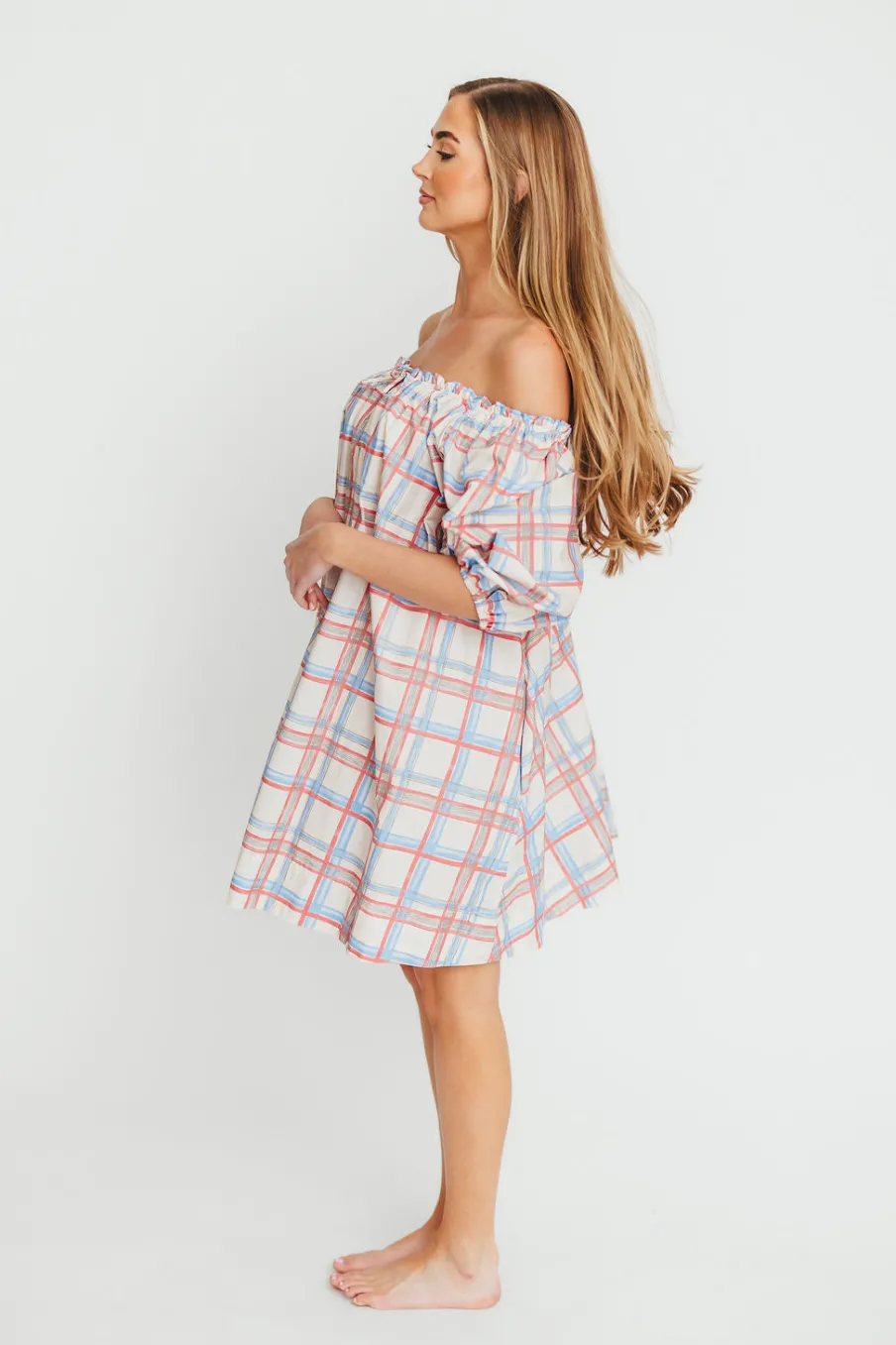 Discount Worth Collective Inaya 100% Cotton Puff Sleeve Babydoll Mini Dress in Blue Multi