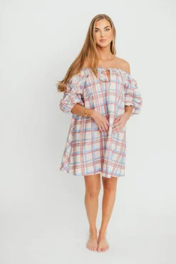 Discount Worth Collective Inaya 100% Cotton Puff Sleeve Babydoll Mini Dress in Blue Multi