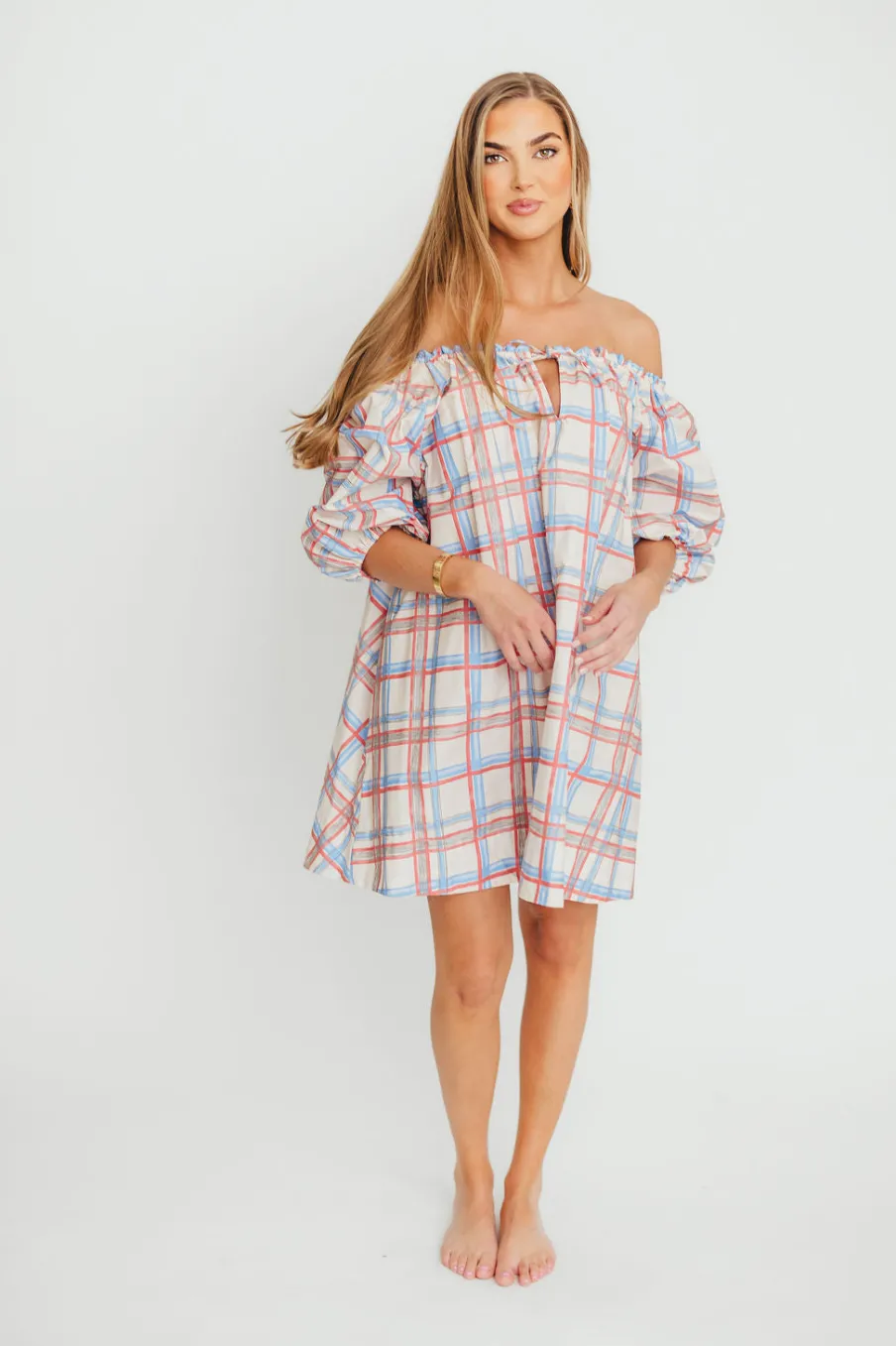 Discount Worth Collective Inaya 100% Cotton Puff Sleeve Babydoll Mini Dress in Blue Multi