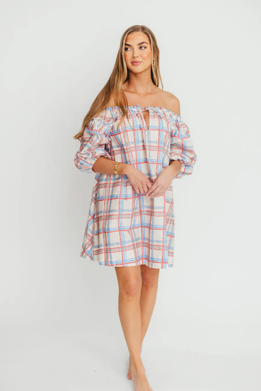 Discount Worth Collective Inaya 100% Cotton Puff Sleeve Babydoll Mini Dress in Blue Multi