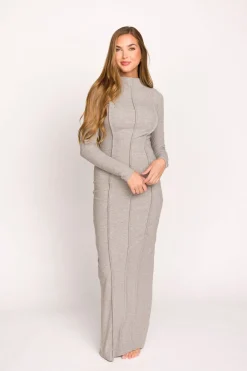 Online Worth Collective Jackie Knit Maxi Dress With Back Slit in Heather Grey