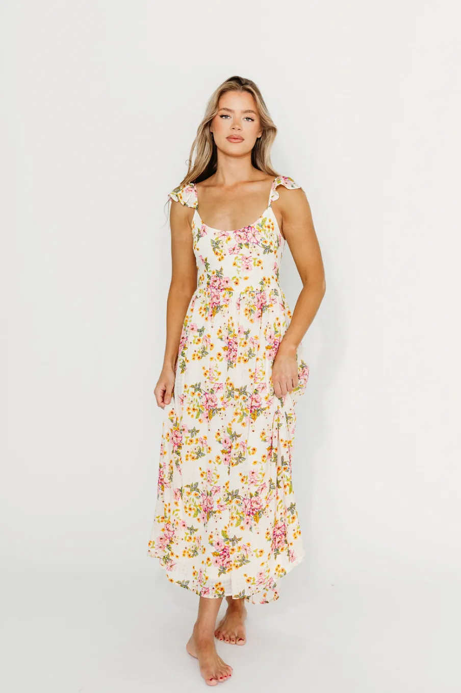 Clearance Worth Collective Jada Floral Flutter Sleeve Open Back Midi Dress in Natural/Dusty Pink