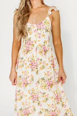 Clearance Worth Collective Jada Floral Flutter Sleeve Open Back Midi Dress in Natural/Dusty Pink