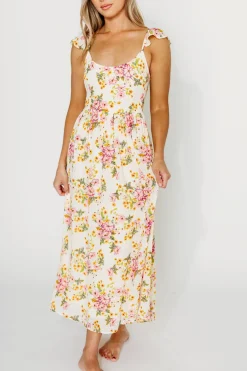 Clearance Worth Collective Jada Floral Flutter Sleeve Open Back Midi Dress in Natural/Dusty Pink