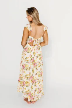 Clearance Worth Collective Jada Floral Flutter Sleeve Open Back Midi Dress in Natural/Dusty Pink