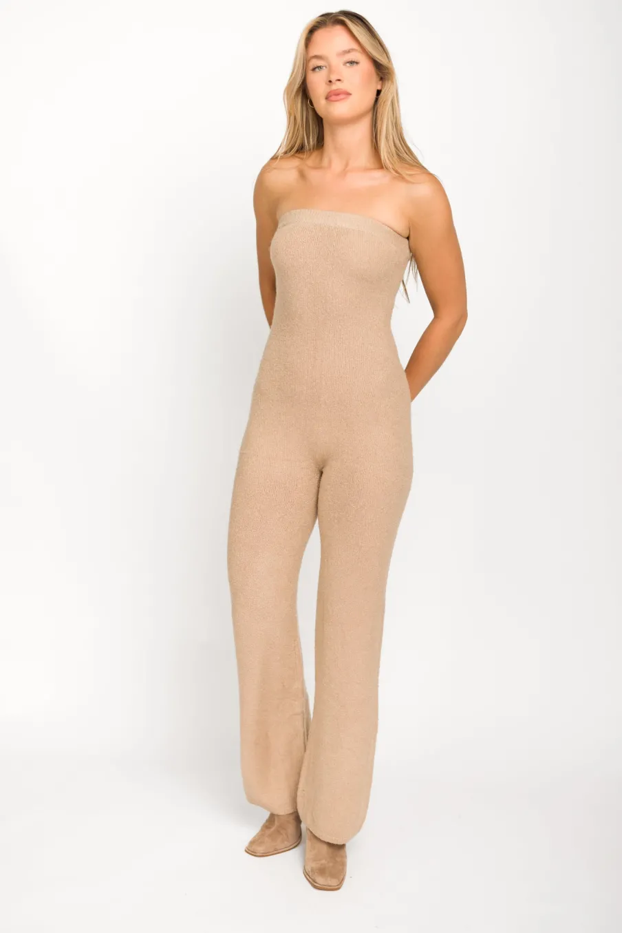 Hot Worth Collective James Strapless Jumpsuit in Tan