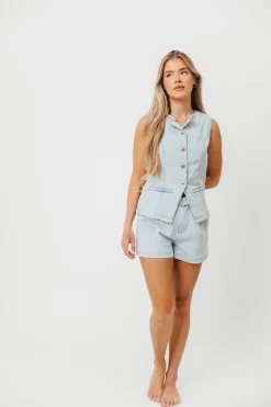 Outlet Worth Collective Jayne Button Down Sleeveless Vest and Paperbag Shorts Set in Light Den