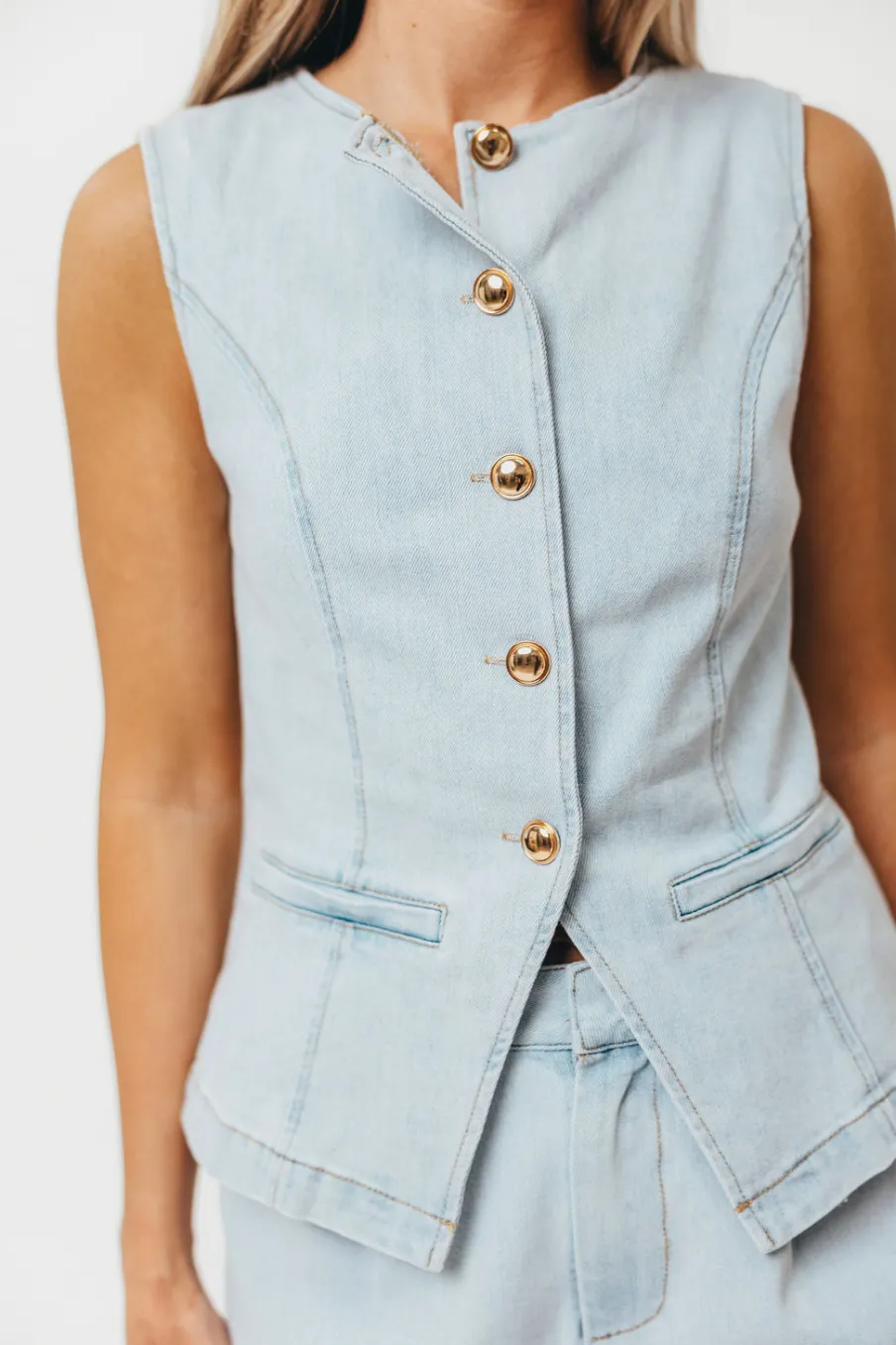 Outlet Worth Collective Jayne Button Down Sleeveless Vest and Paperbag Shorts Set in Light Den