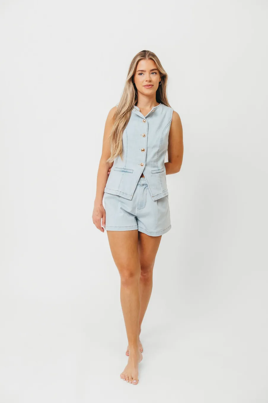 Outlet Worth Collective Jayne Button Down Sleeveless Vest and Paperbag Shorts Set in Light Den