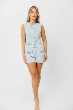 Outlet Worth Collective Jayne Button Down Sleeveless Vest and Paperbag Shorts Set in Light Den