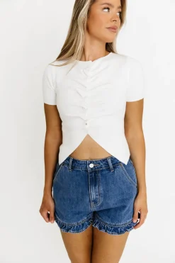 Best Worth Collective Jen Button Pleated Split Knit Top in Ivory