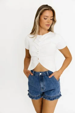 Best Worth Collective Jen Button Pleated Split Knit Top in Ivory