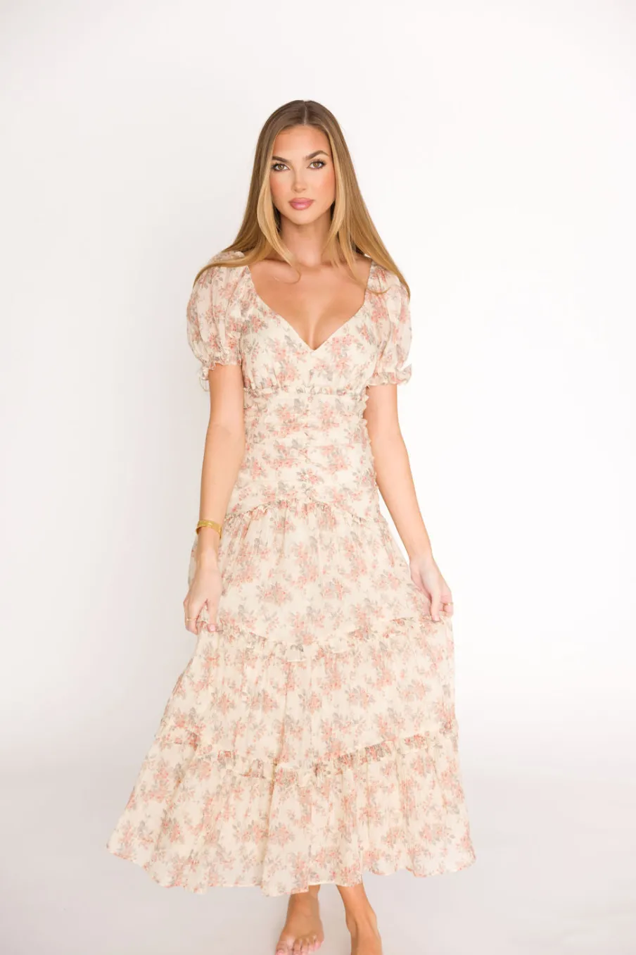 Clearance Worth Collective Jenna Ruffled Maxi Sundress in Cream/Multi Floral