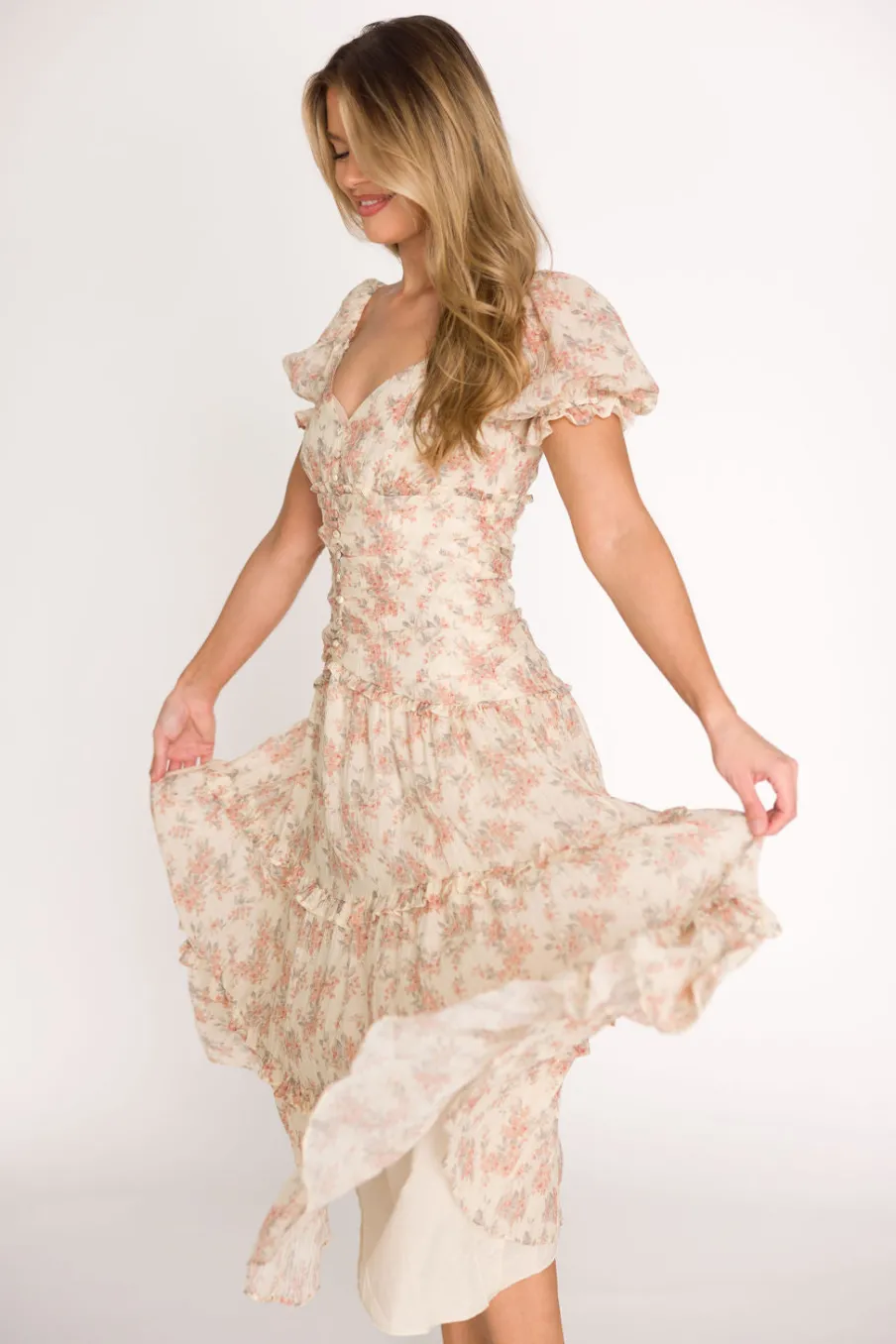 Clearance Worth Collective Jenna Ruffled Maxi Sundress in Cream/Multi Floral