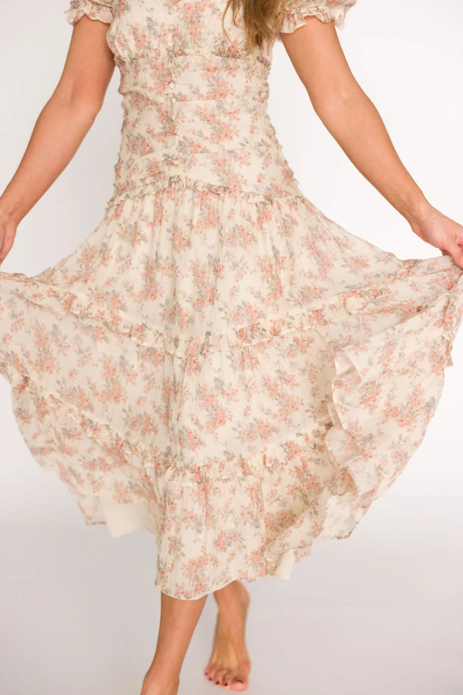 Clearance Worth Collective Jenna Ruffled Maxi Sundress in Cream/Multi Floral