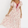 Sale Worth Collective Jesse 100% Cotton Midi Dress With Puff Sleeves in Red