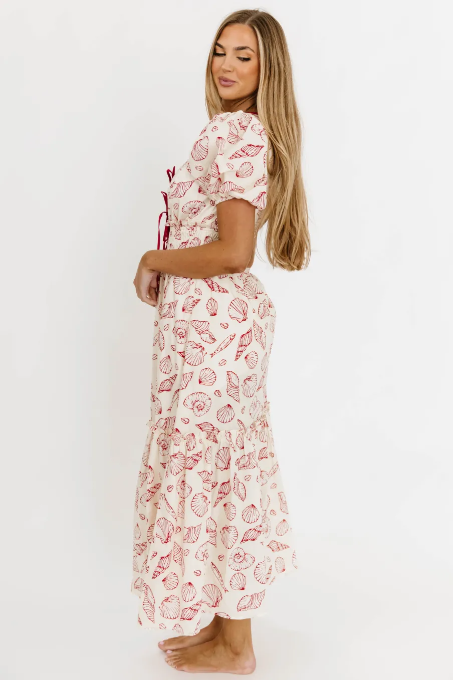 Sale Worth Collective Jesse 100% Cotton Midi Dress With Puff Sleeves in Red