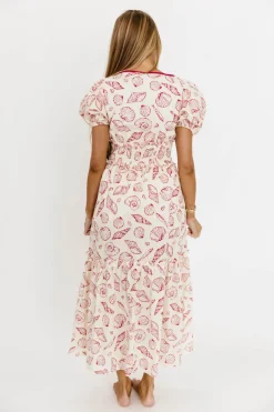Sale Worth Collective Jesse 100% Cotton Midi Dress With Puff Sleeves in Red