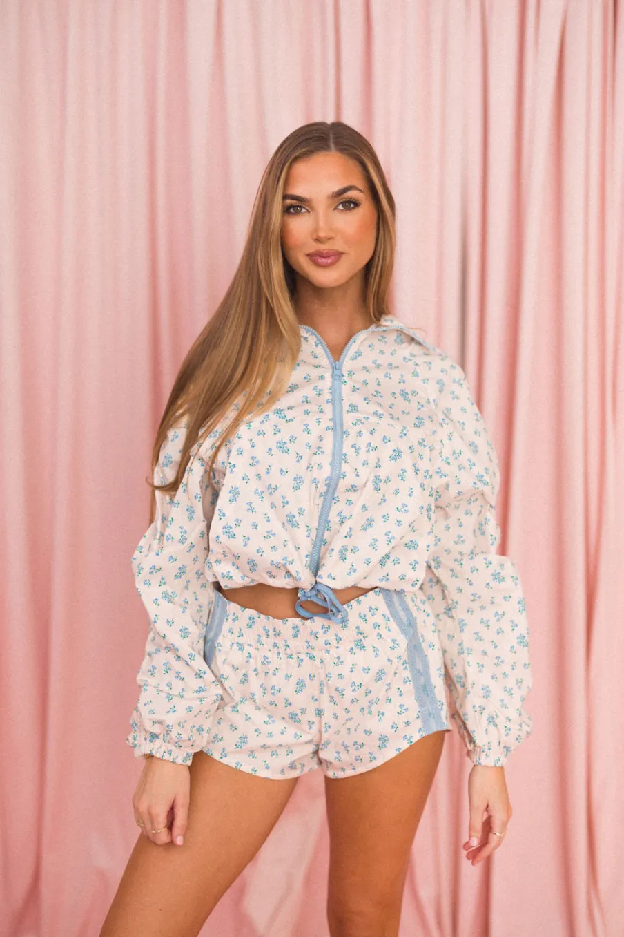 Hot Worth Collective Jessen Windbreaker Jacket and Shorts Set in Blue Floral