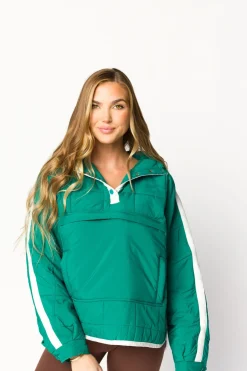 New Worth Collective Joanna Quilted Puffer Pullover in Hunter Green/White