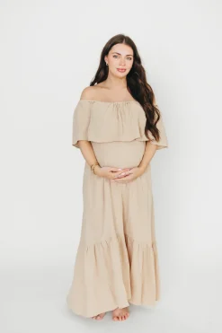 Best Worth Collective Josie 100% Cotton Maxi Dress in Beige - Bump & Nursing Friendly