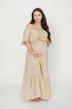 Best Worth Collective Josie 100% Cotton Maxi Dress in Beige - Bump & Nursing Friendly