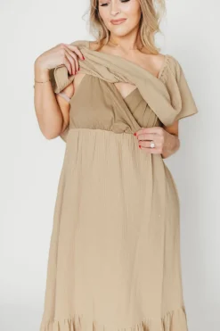 Outlet Worth Collective Josie 100% Cotton Maxi Dress in Khaki - Bump & Nursing Friendly