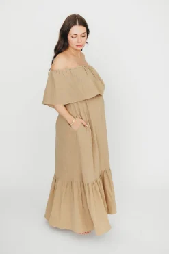 Outlet Worth Collective Josie 100% Cotton Maxi Dress in Khaki - Bump & Nursing Friendly