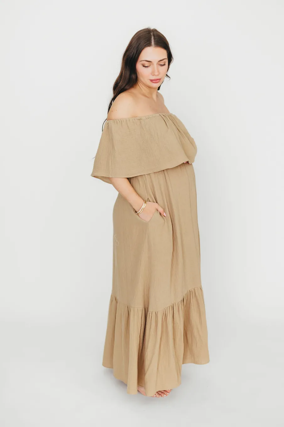 Outlet Worth Collective Josie 100% Cotton Maxi Dress in Khaki - Bump & Nursing Friendly