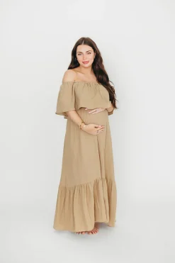 Outlet Worth Collective Josie 100% Cotton Maxi Dress in Khaki - Bump & Nursing Friendly