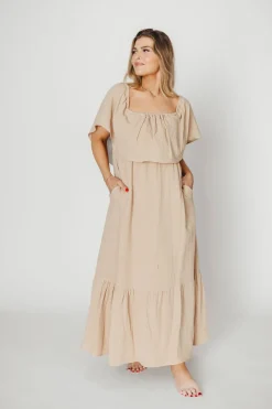 Best Worth Collective Josie 100% Cotton Maxi Dress in Beige - Bump & Nursing Friendly