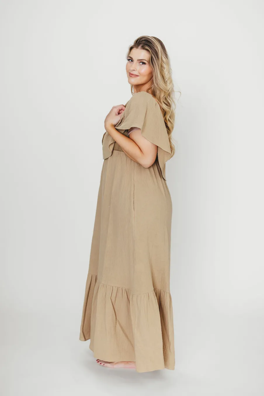 Outlet Worth Collective Josie 100% Cotton Maxi Dress in Khaki - Bump & Nursing Friendly