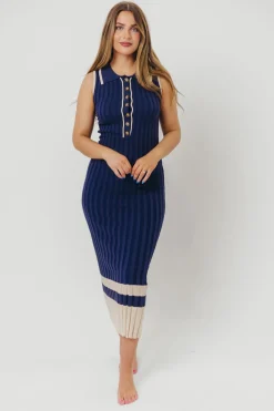 Clearance Worth Collective Jovie Sleeveless Ribbed Maxi Dress with Buttons in Navy