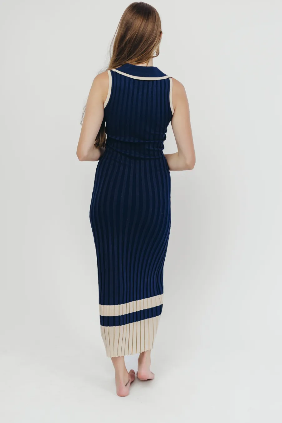 Clearance Worth Collective Jovie Sleeveless Ribbed Maxi Dress with Buttons in Navy