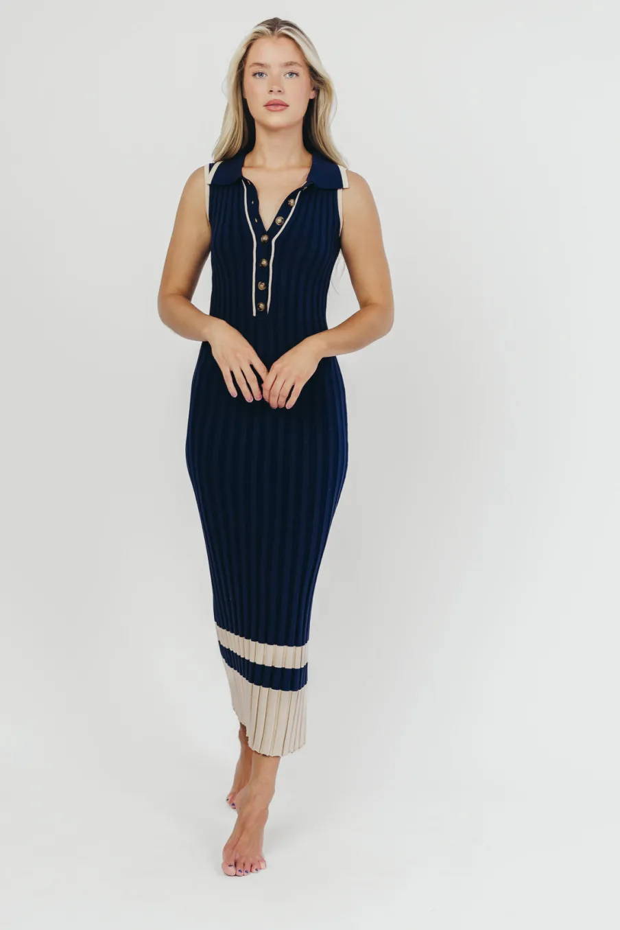 Clearance Worth Collective Jovie Sleeveless Ribbed Maxi Dress with Buttons in Navy