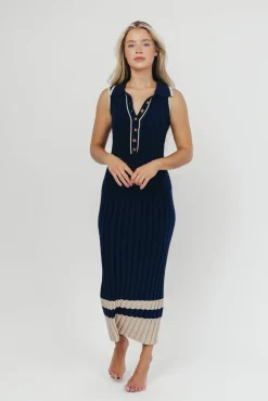 Clearance Worth Collective Jovie Sleeveless Ribbed Maxi Dress with Buttons in Navy