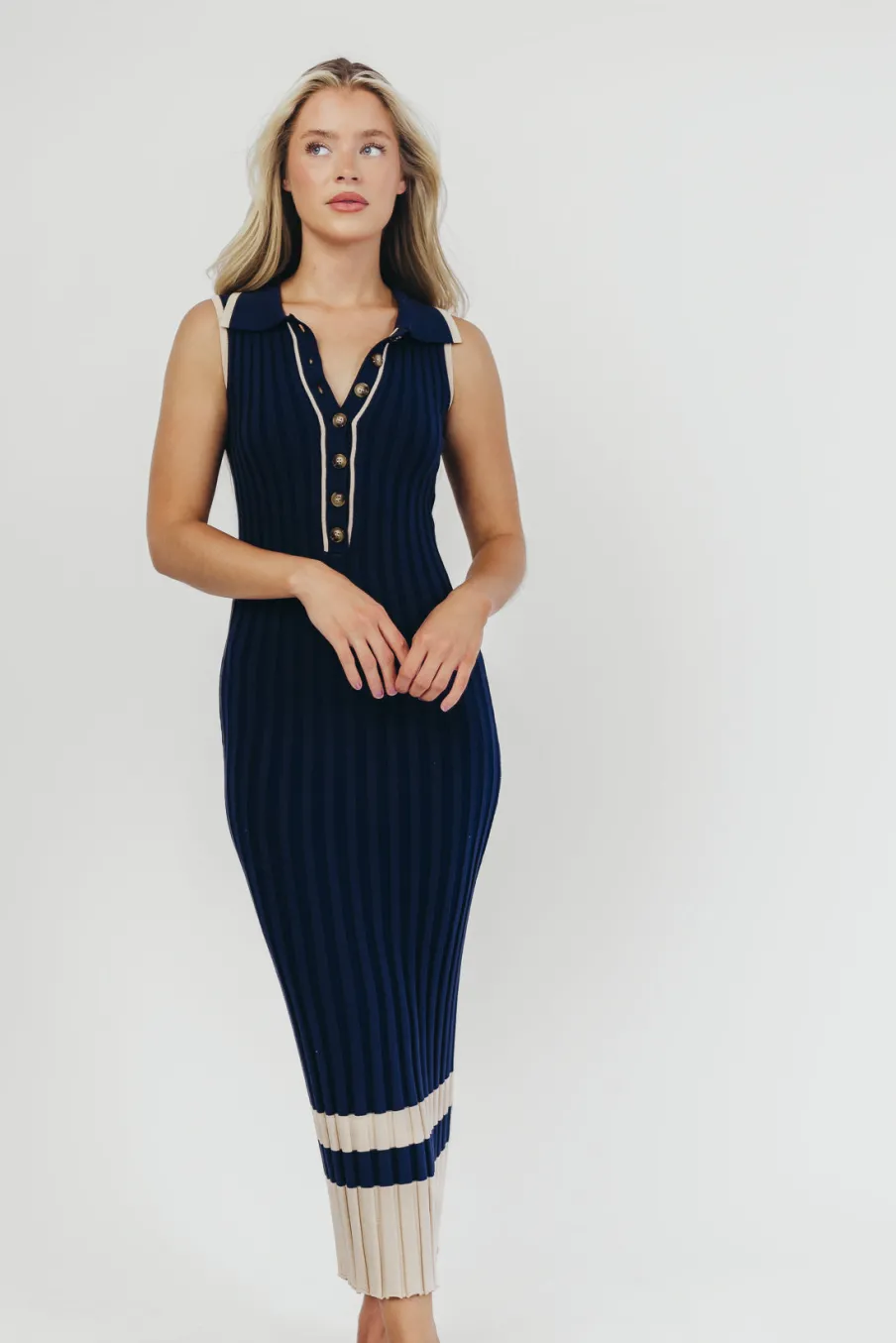 Clearance Worth Collective Jovie Sleeveless Ribbed Maxi Dress with Buttons in Navy