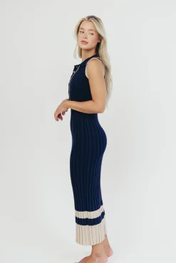 Clearance Worth Collective Jovie Sleeveless Ribbed Maxi Dress with Buttons in Navy