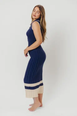 Clearance Worth Collective Jovie Sleeveless Ribbed Maxi Dress with Buttons in Navy