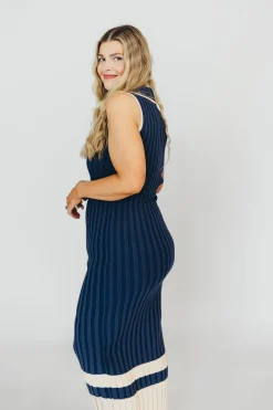 Clearance Worth Collective Jovie Sleeveless Ribbed Maxi Dress with Buttons in Navy