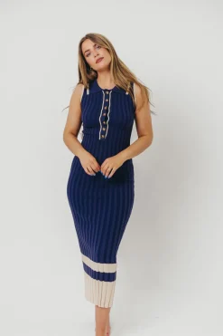 Clearance Worth Collective Jovie Sleeveless Ribbed Maxi Dress with Buttons in Navy