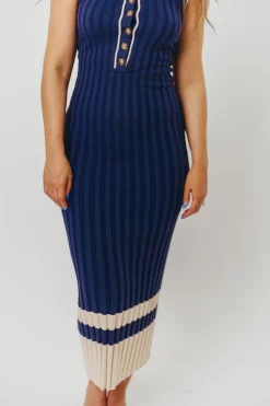 Clearance Worth Collective Jovie Sleeveless Ribbed Maxi Dress with Buttons in Navy