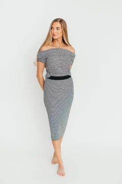 Discount Worth Collective Kaia Off-Shoulder Top and Skirt Set in Black/White Stripe