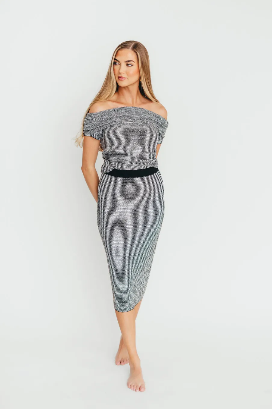 Discount Worth Collective Kaia Off-Shoulder Top and Skirt Set in Black/White Stripe